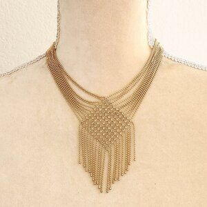 Kenneth Cole Micro Beaded Fringe Boho Multi Chain Gold Tone Collar Necklace